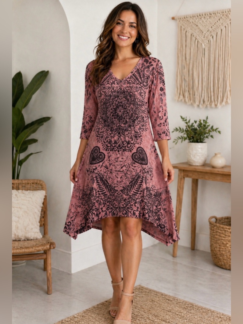 Jody Boho Tunic Dress Pink Black Mandala Lace V-Neck Made USA Size Large